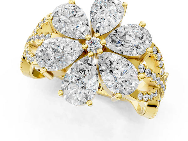 Yellow gold Pear Diamond Floral Ring with Round Diamond Accents