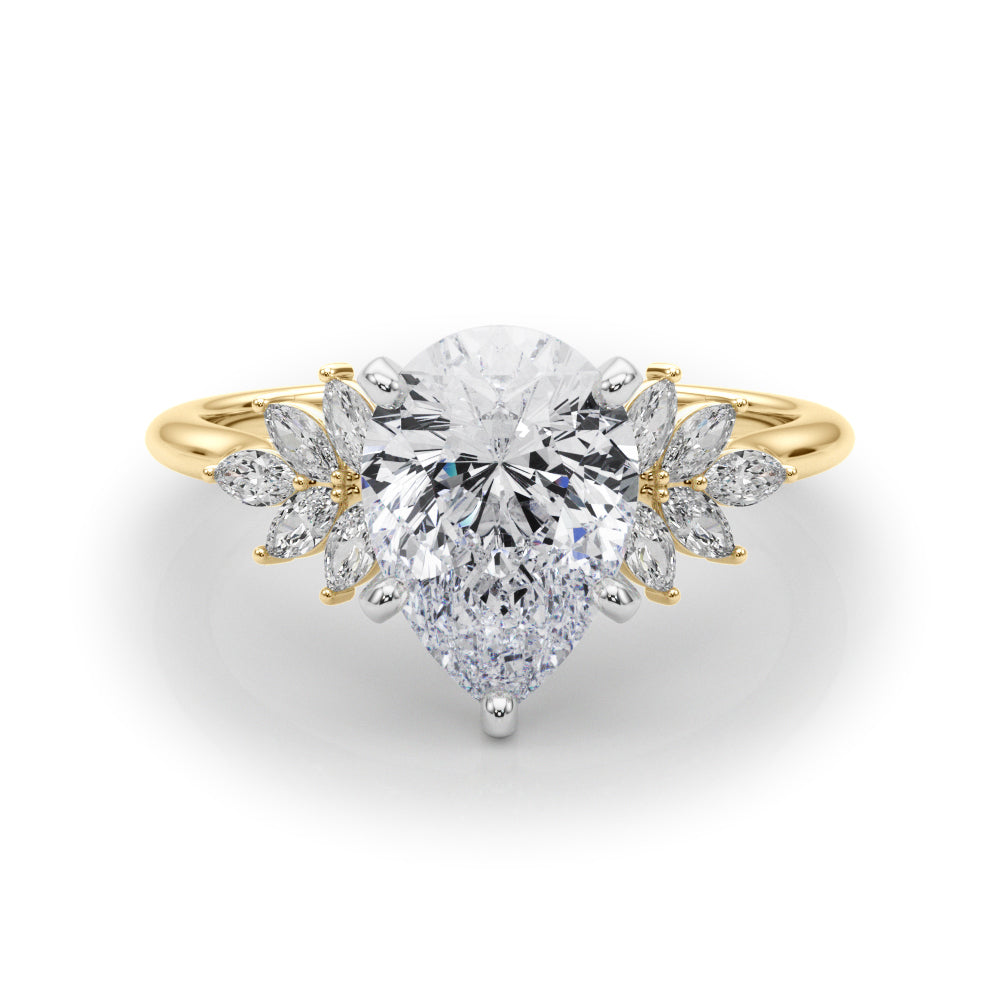 Yellow gold Pear Diamond Floral Side Stone Solitaire with Marquise Accents and Four-Prong Setting 1