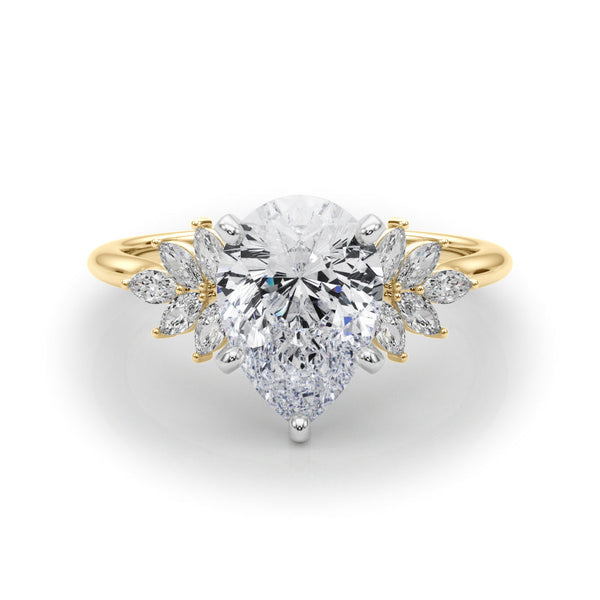 14K Yellow Gold 2.08 Carat F VS1 Pear Diamond Floral Side Stone Solitaire with Marquise Accents and Four-Prong Setting