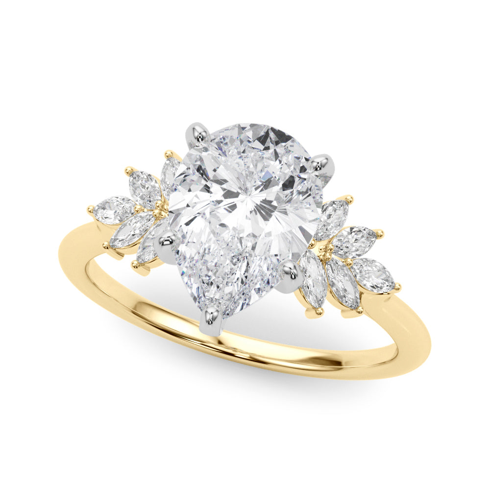 14K Yellow Gold 2.05 Carat D VVS2 Pear Diamond Floral Side Stone Solitaire with Marquise Accents and Four-Prong Setting