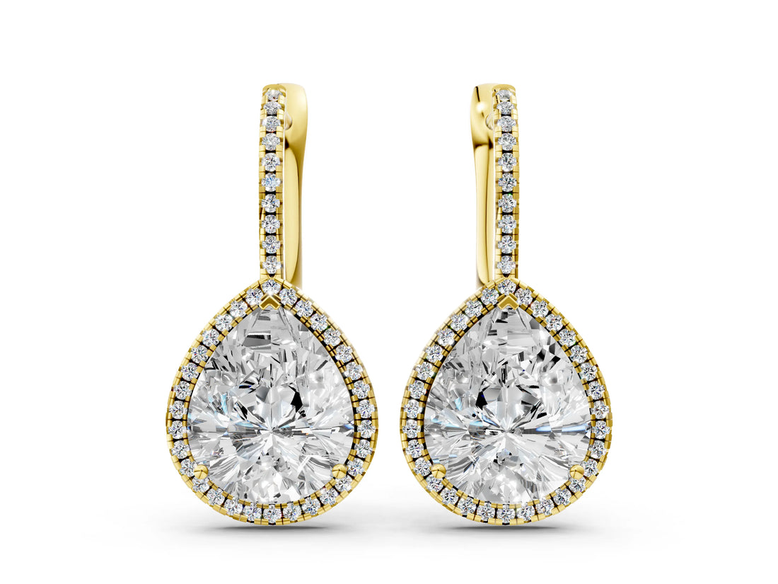 Yellow gold Pear Diamond Halo Leverback Drop Earrings with Round Diamond Accents