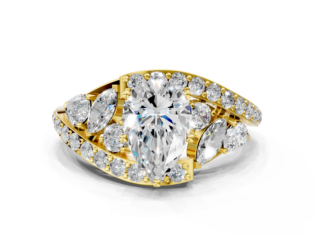 Yellow gold Pear Diamond Halo Ring with Marquise and Pavé Band in Prong Setting_83