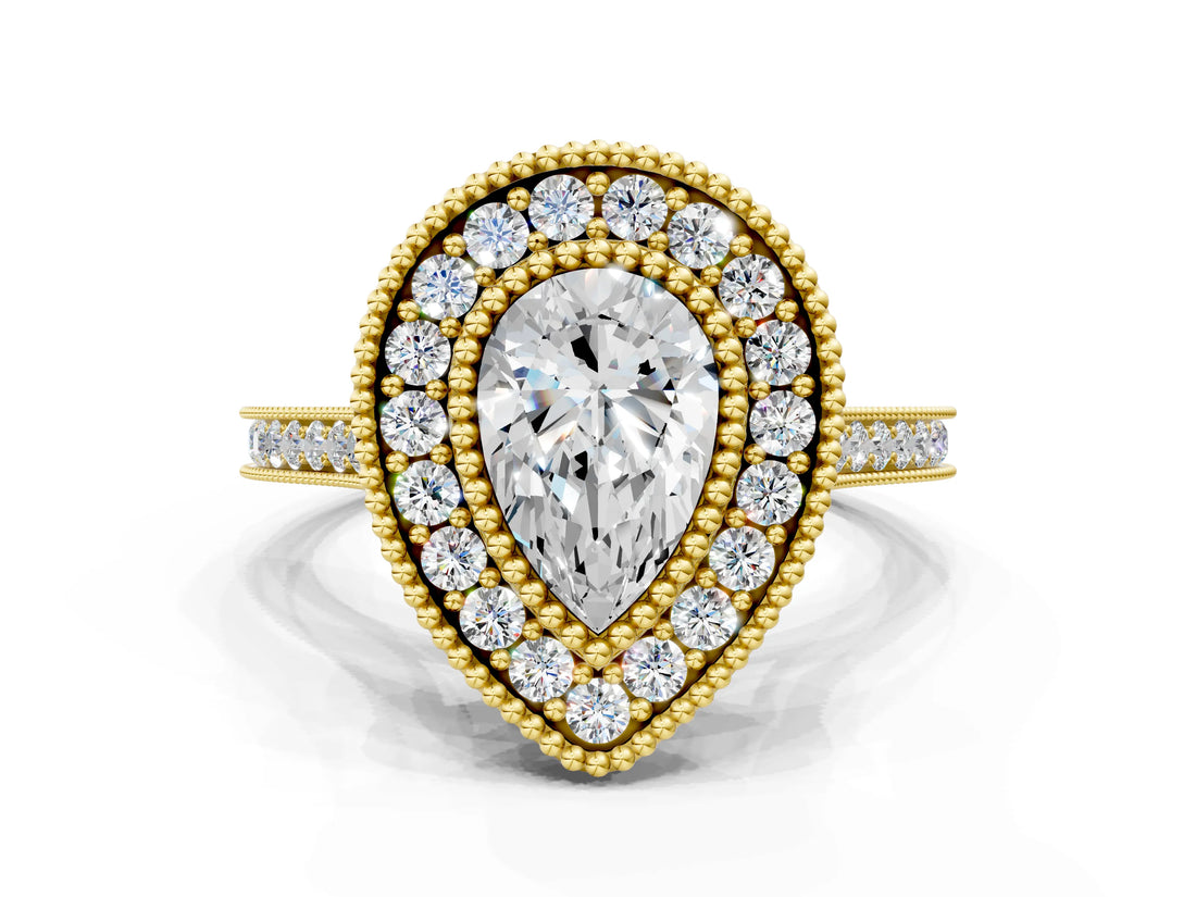 Yellow gold Pear Diamond Halo Ring with Milgrain Frame and Pavé Band_58