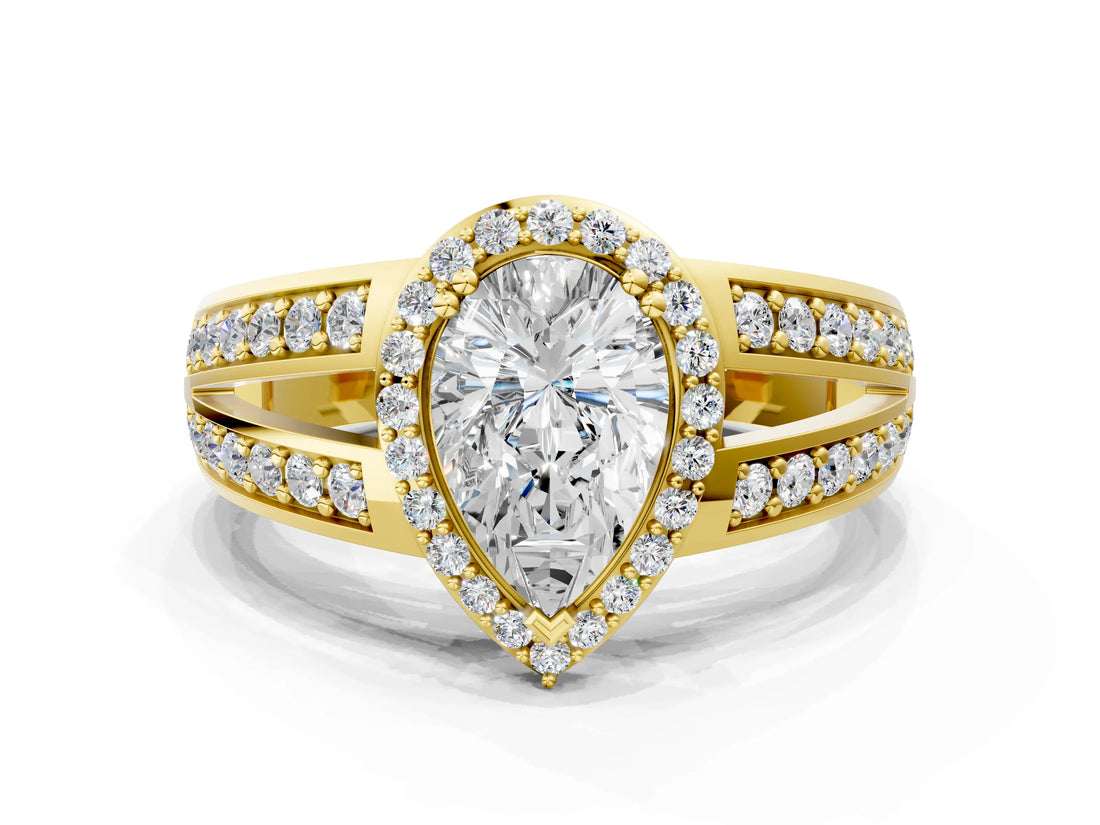 Yellow gold Pear Diamond Halo Ring with Split Shank Pavé Band and Four-Prong Setting_6