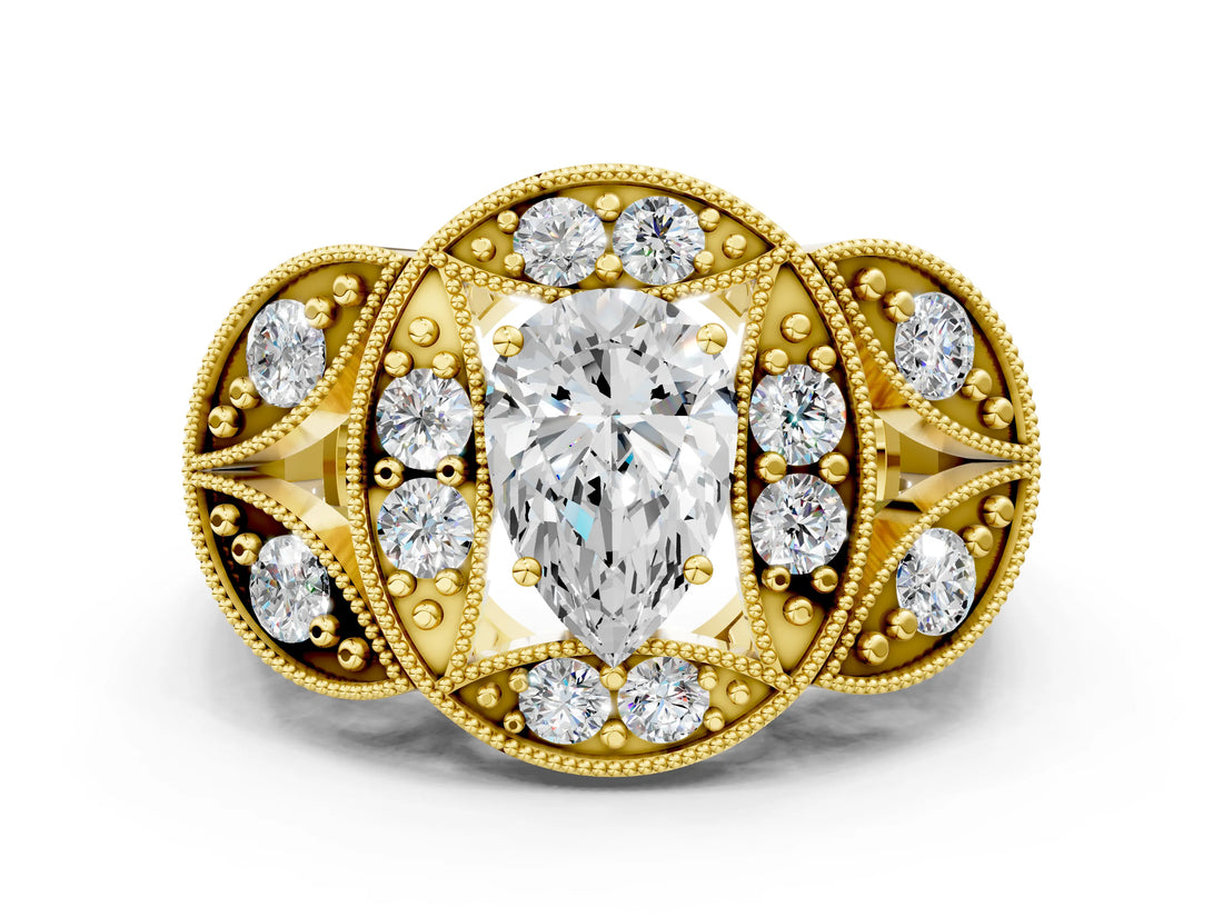 Yellow gold Pear Diamond Milgrain Marquise Filigree Engagement Ring with Prong Setting_6