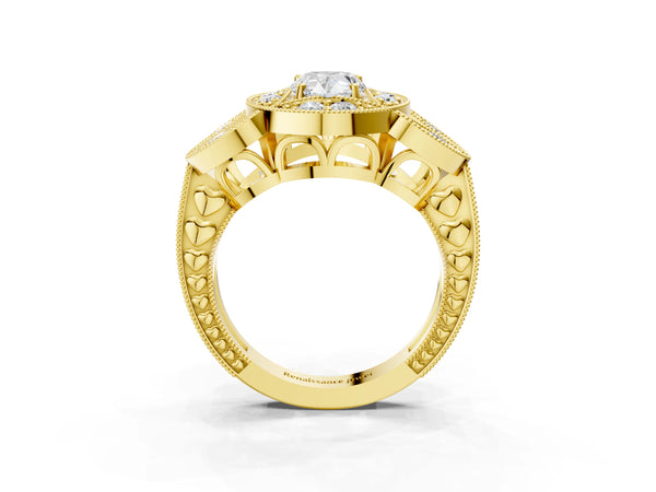 Yellow Gold Pear-Shaped Vintage Halo Engagement Ring Setting with Milgrain Leaf Panels