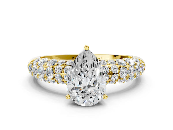 Yellow Gold Pear-Shaped Solitaire Engagement Ring Setting with Close Set Multi-Row Pave Shoulders