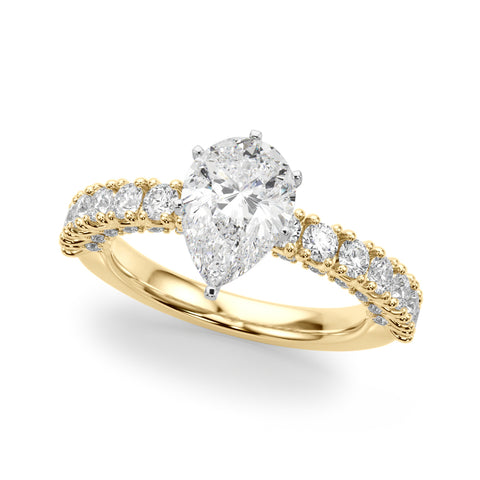 Yellow gold Pear Diamond Pavé Band Solitaire Ring with Four-Prong Setting