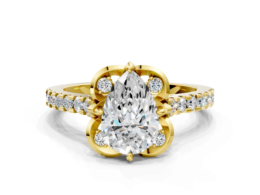 Yellow gold Pear Diamond Pave Band with Floral Prong Setting_27