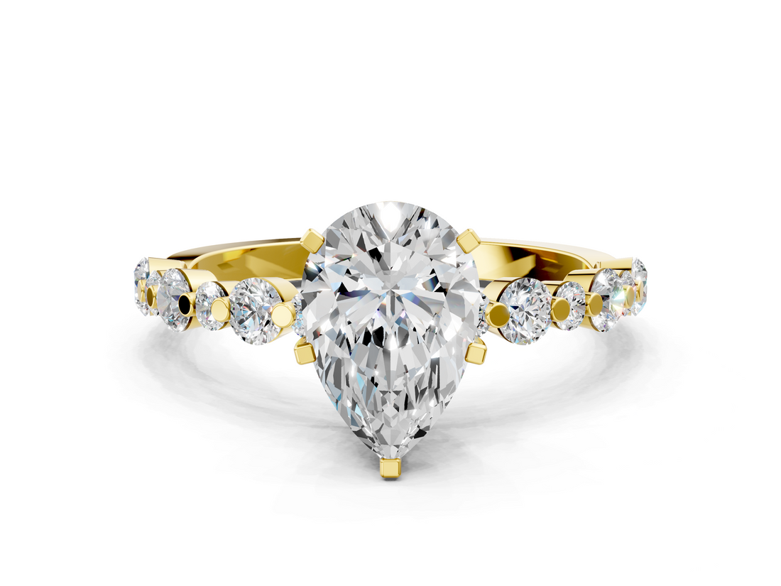 Yellow gold Pear Diamond Prong Set Engagement Ring with Pave Band_203