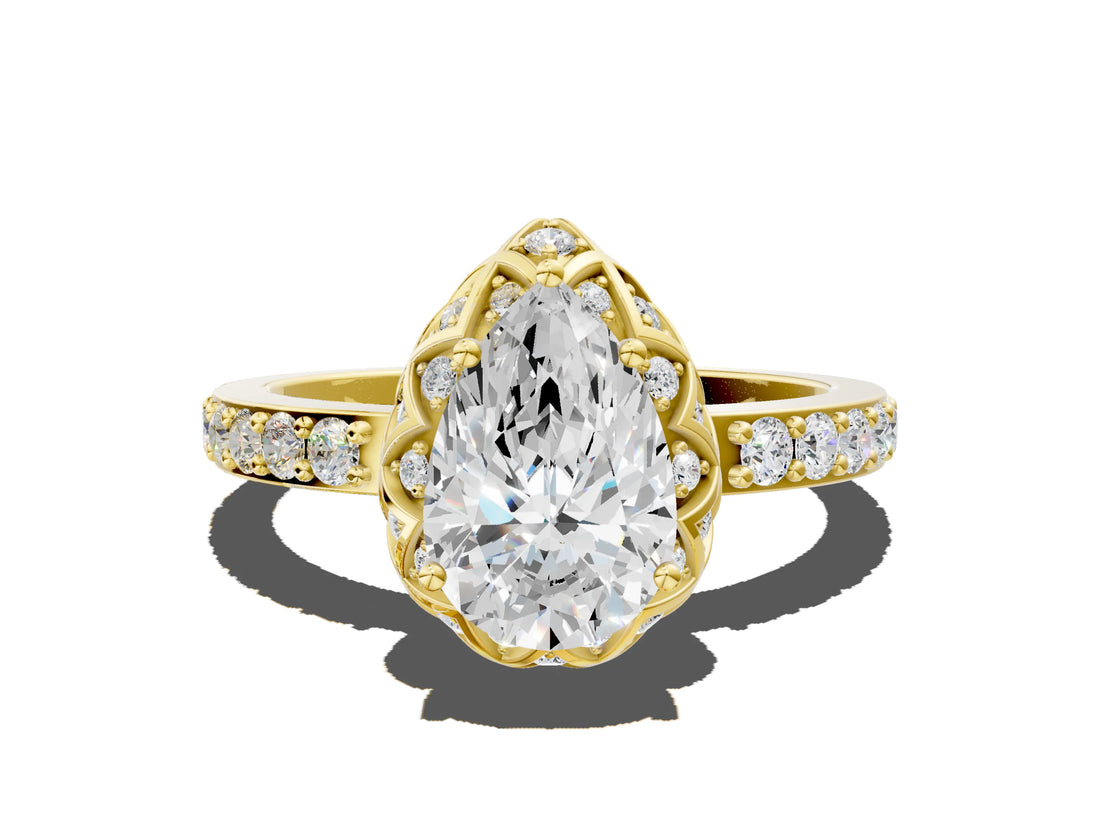 Yellow gold Pear Diamond Solitaire Ring with Shared Prong Pavé Band_54