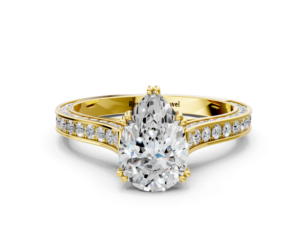 Yellow gold Pear Diamond Solitaire with Pave Band and Six-Prong Setting