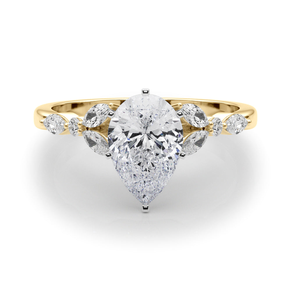 Yellow gold Pear Diamond Solitaire with Side Stones on a White Gold Band and Four-Prong Setting 1