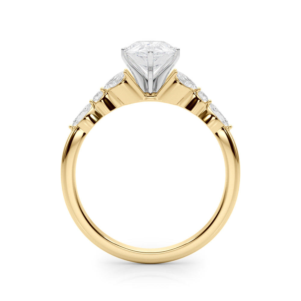 Yellow gold Pear Diamond Solitaire with Side Stones on a White Gold Band and Four-Prong Setting 2