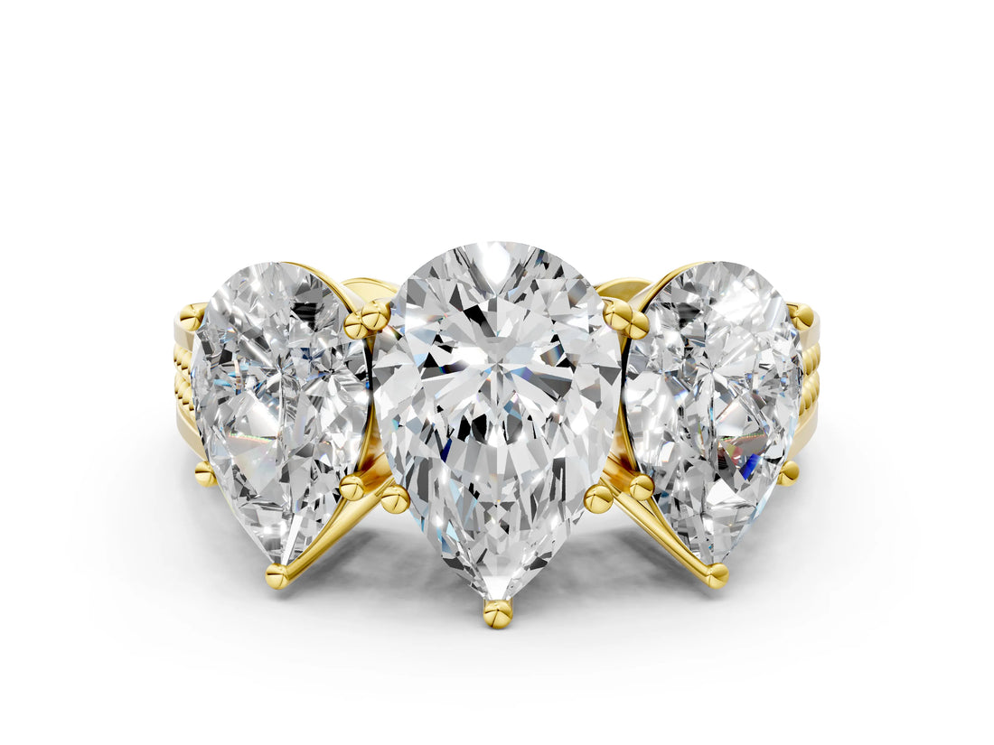 Yellow gold Pear Diamond Three-Stone Ring with Prong Setting and Textured Band_6