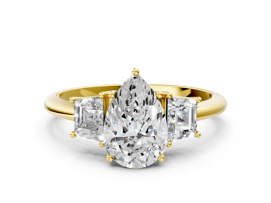 Yellow gold Pear Diamond Three-Stone Ring with Trapezoid Side Stones and Prong Setting_23