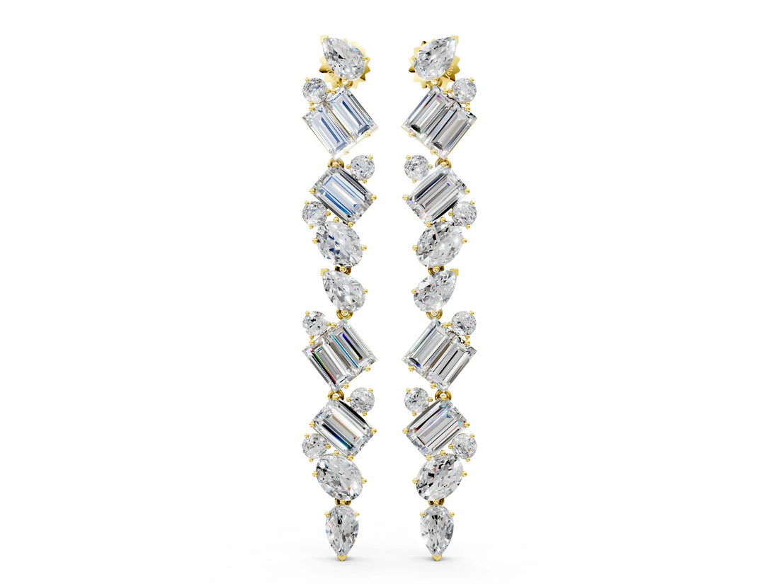 Yellow gold Pear, Emerald, and Round Diamond Linear Drop Earrings_8