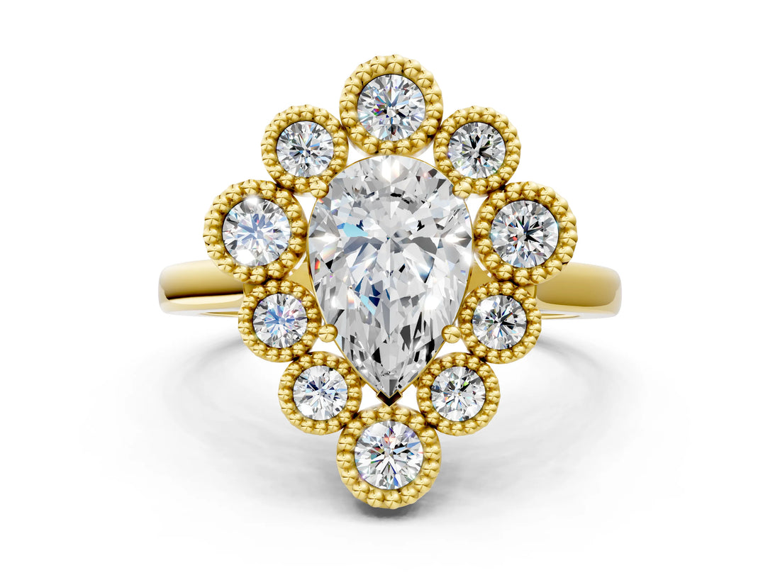 Yellow gold Pear Halo Diamond Cluster Engagement Ring with Milgrain Bezel Setting and Solitaire Band_51