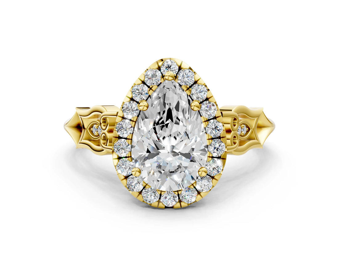 Yellow gold Pear Halo Diamond Engagement Ring with Filigree Band and Four-Prong Setting_81