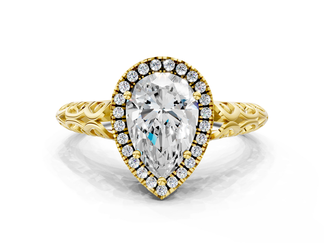 Yellow gold Pear Halo Diamond Engagement Ring with Intricate Filigree Band and Four-Prong Setting_54