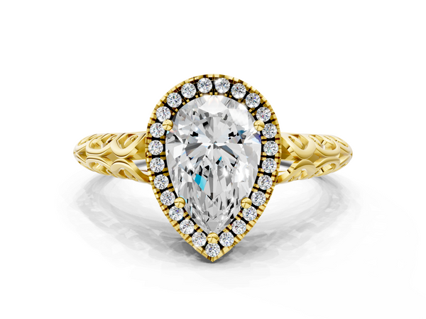 Yellow gold Pear Halo Diamond Engagement Ring with Intricate Filigree Band and Four-Prong Setting