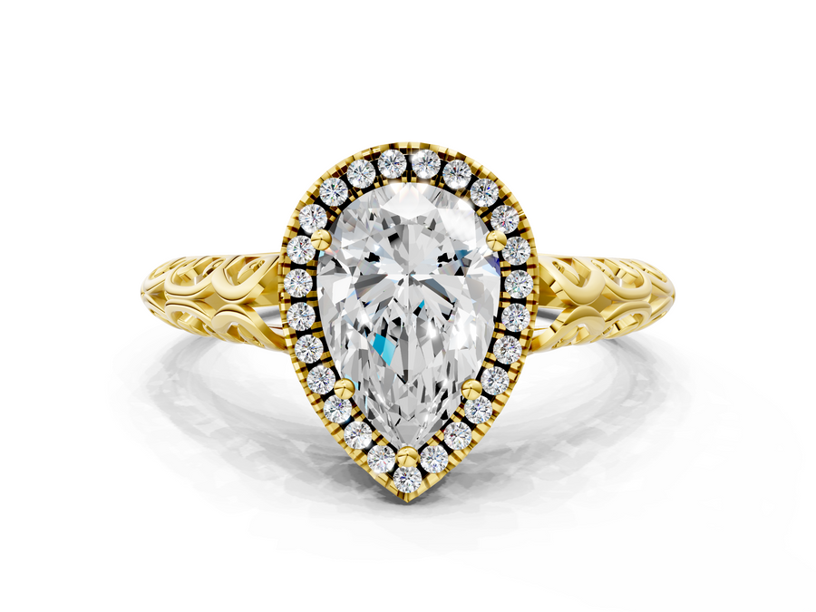 Yellow gold Pear Halo Diamond Engagement Ring with Intricate Filigree Band and Four-Prong Setting