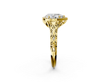 Yellow gold Pear Halo Diamond Engagement Ring with Intricate Filigree Band and Four-Prong Setting_56