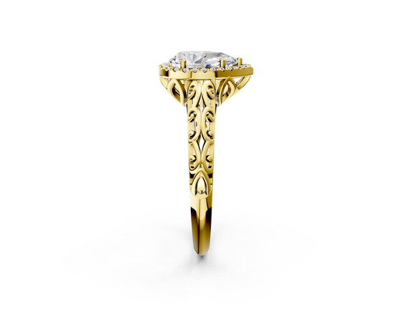 Yellow gold Pear Halo Diamond Engagement Ring with Intricate Filigree Band and Four-Prong Setting