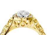 Yellow gold Pear Halo Diamond Engagement Ring with Intricate Filigree Band and Four-Prong Setting_58
