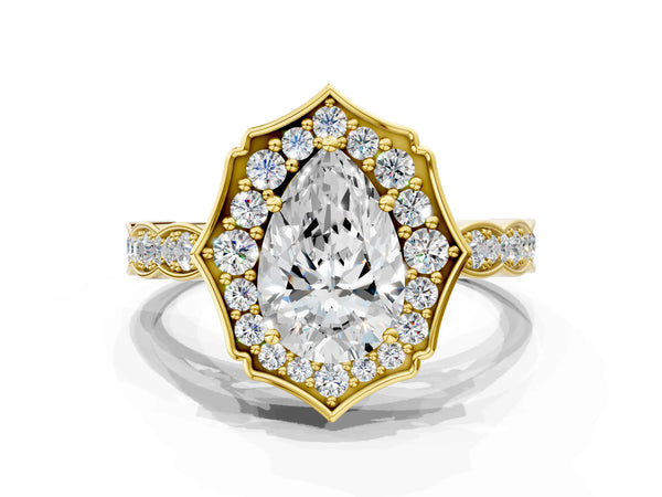 Yellow gold Pear Halo Diamond Engagement Ring with Milgrain Band and Four-Prong Setting