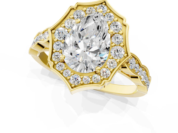 Yellow gold Pear Halo Diamond Engagement Ring with Milgrain Band and Four-Prong Setting