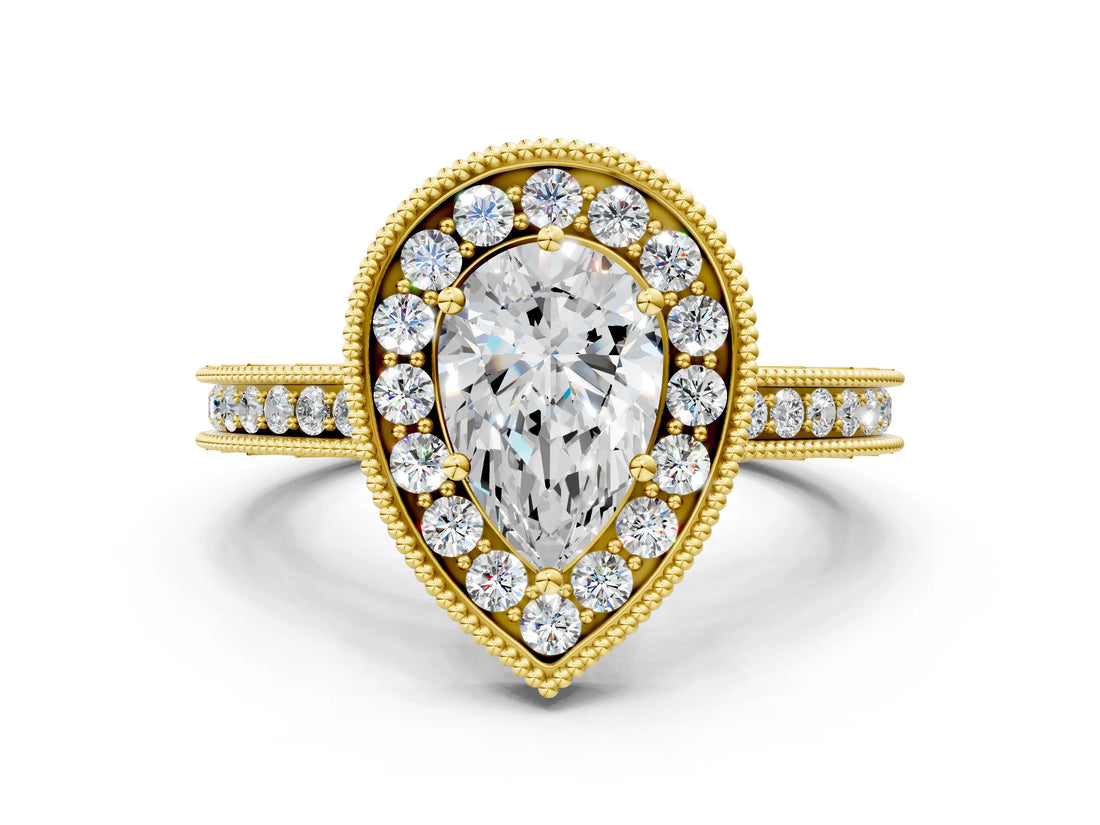 Yellow gold Pear Halo Diamond Engagement Ring with Milgrain Pave Band and Four-Prong Setting_12
