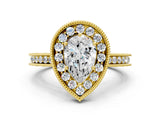 Yellow gold Pear Halo Diamond Engagement Ring with Milgrain Pave Band and Four-Prong Setting_12