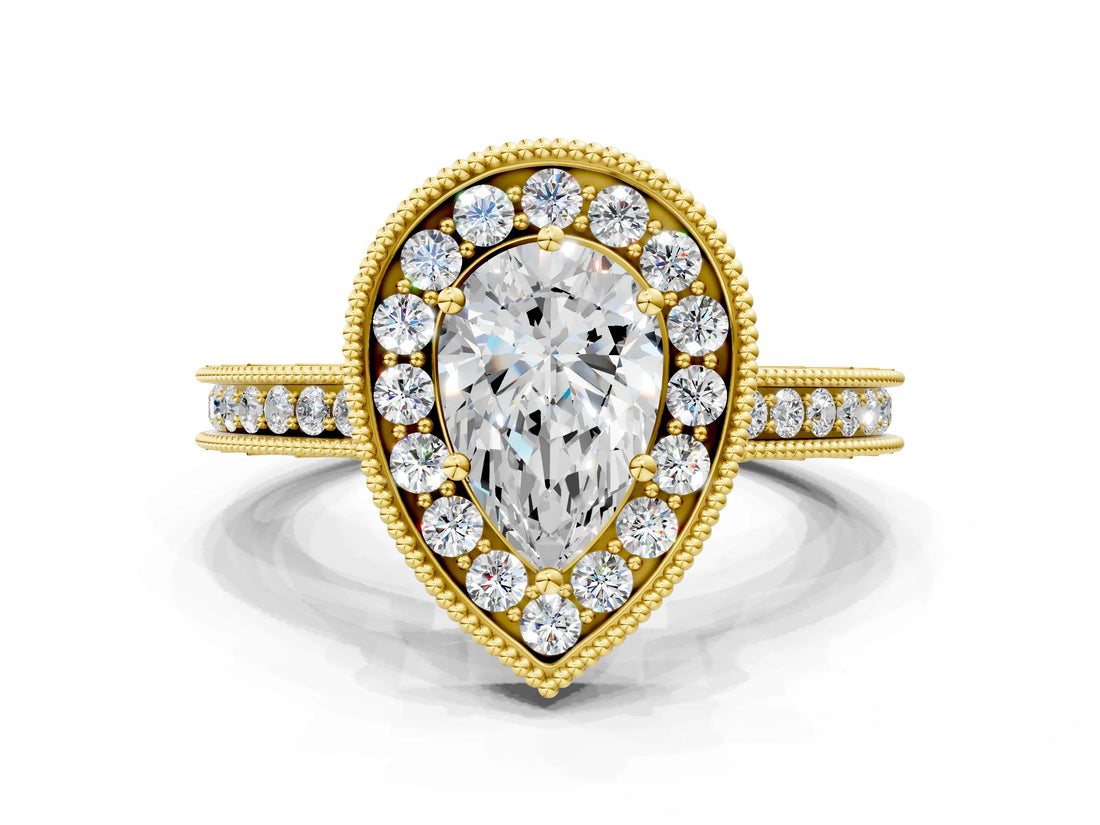 Yellow gold Pear Halo Diamond Engagement Ring with Milgrain Pave Band and Four-Prong Setting_123