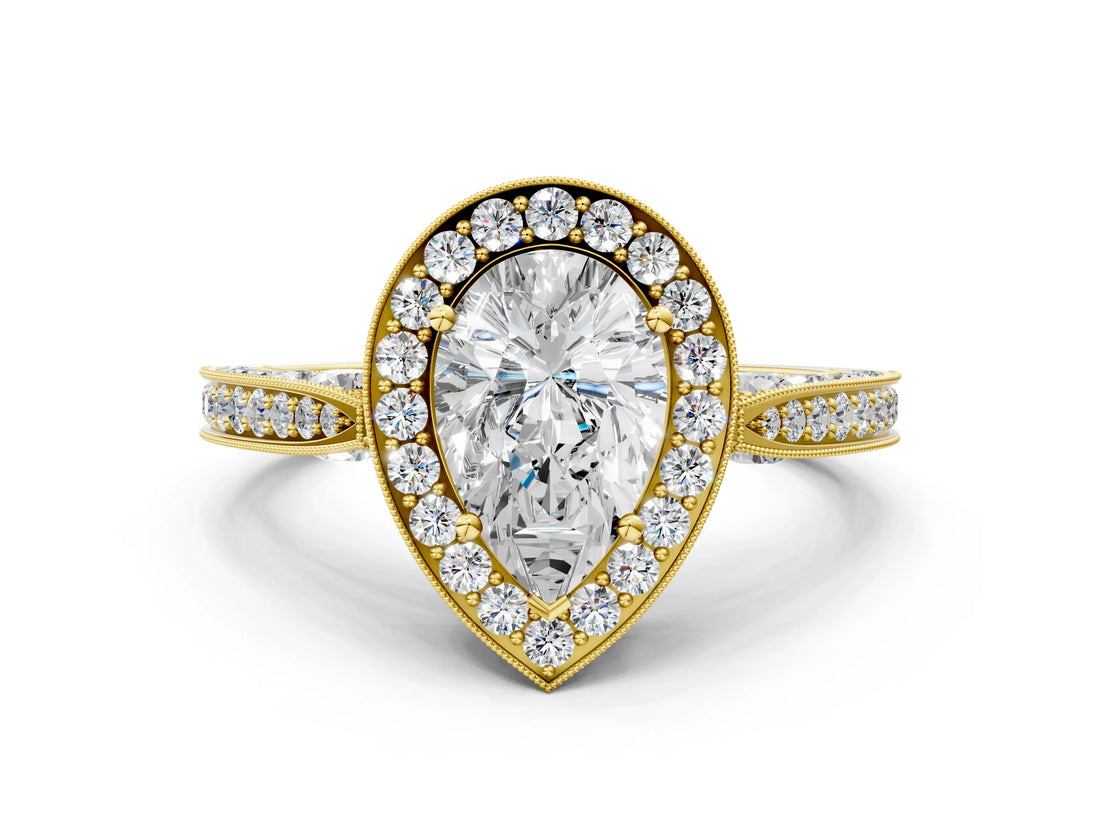 Yellow gold Pear Halo Diamond Engagement Ring with Split Shank Band and Four-Prong Setting_6