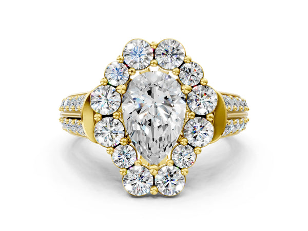 Yellow gold Pear Halo Diamond Engagement Ring with Split Shank and Prong Setting