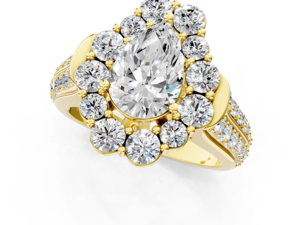 Yellow gold Pear Halo Diamond Engagement Ring with Split Shank and Prong Setting
