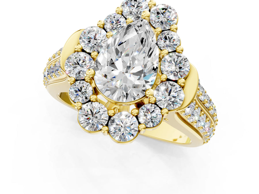 Yellow gold Pear Halo Diamond Engagement Ring with Split Shank and Prong Setting