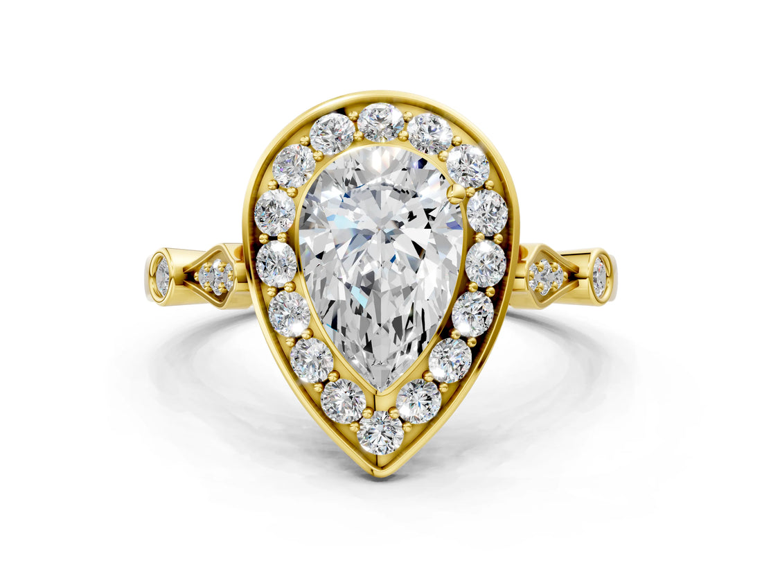 Yellow gold Pear Halo Diamond Engagement Ring with Twisted Band and Four-Prong Setting