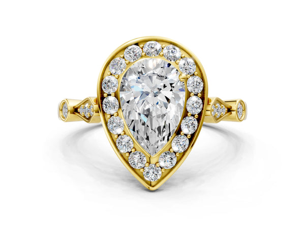 Yellow Gold Pear-Shaped Bezel Station Halo Engagement Ring Setting