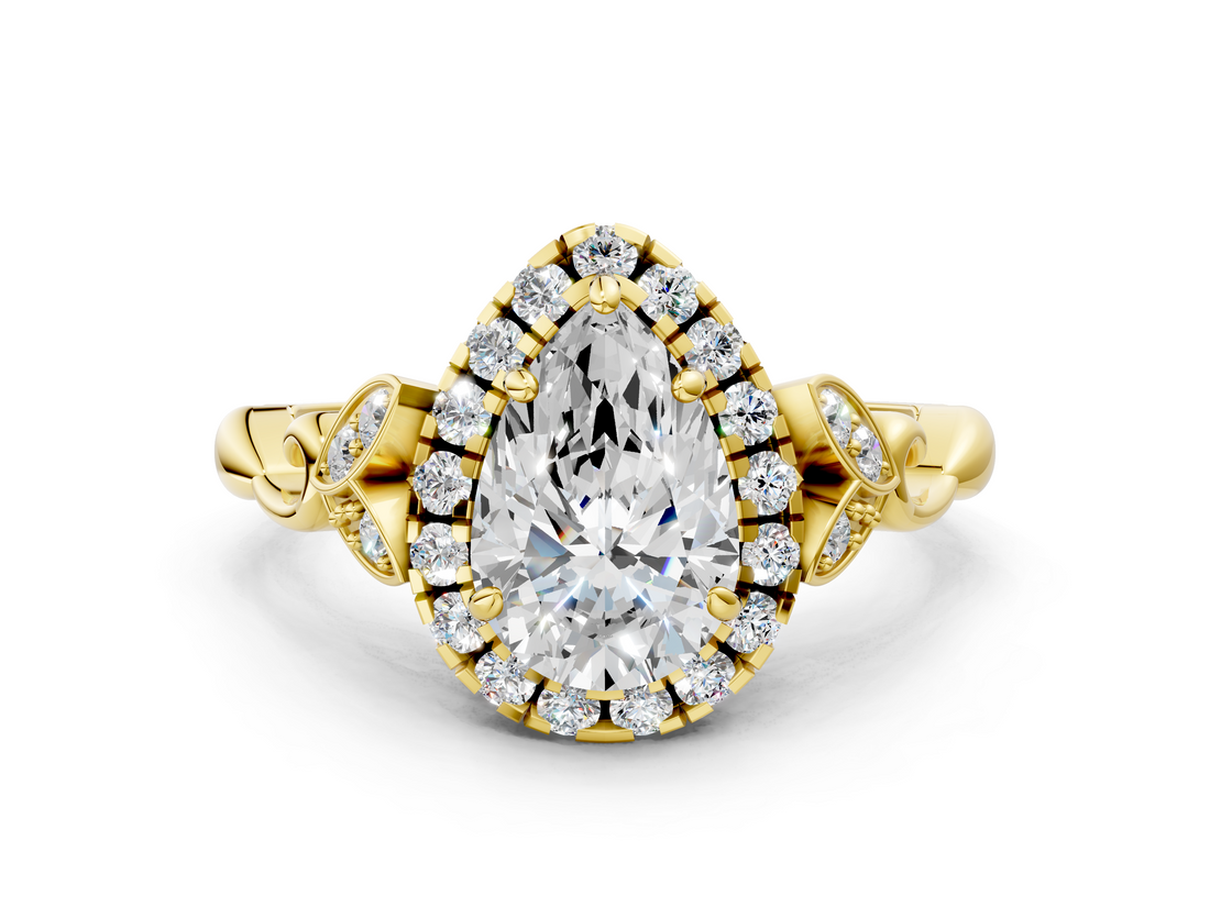Yellow gold Pear Halo Diamond Engagement Ring with Vintage-Inspired Band and Four-Prong Setting_3
