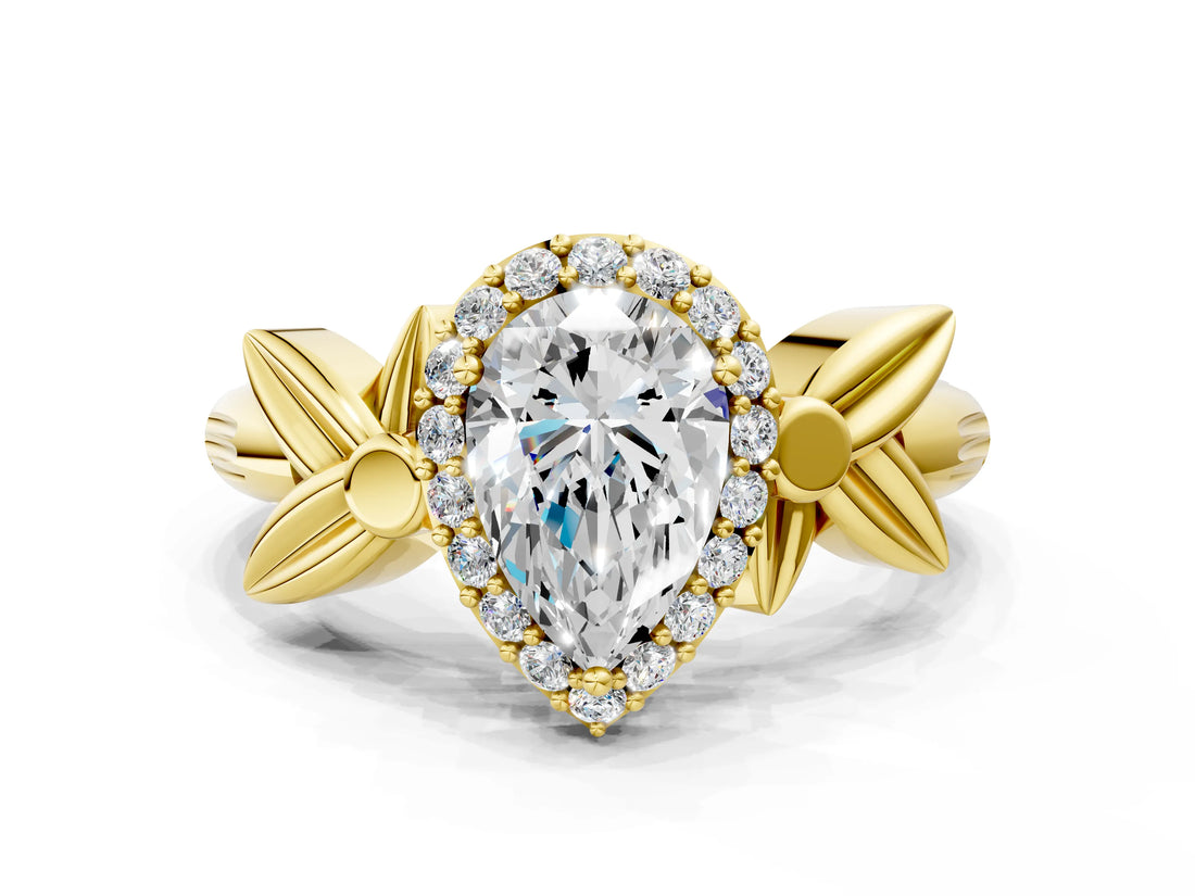 Yellow gold Pear Halo Diamond Floral Band with Four-Prong Setting_76