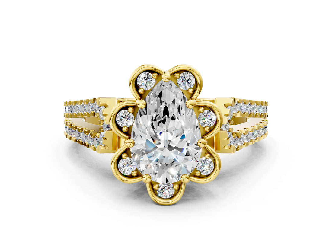 Yellow gold Pear Halo Diamond Floral Split Shank Engagement Ring