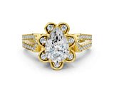 Yellow gold Pear Halo Diamond Floral Split Shank Engagement Ring