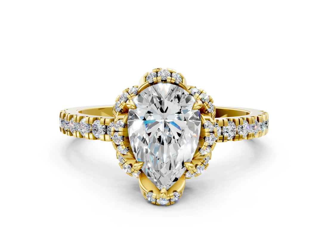 Yellow gold Pear Halo Diamond Pave Band Ring with Four-Prong Setting_15