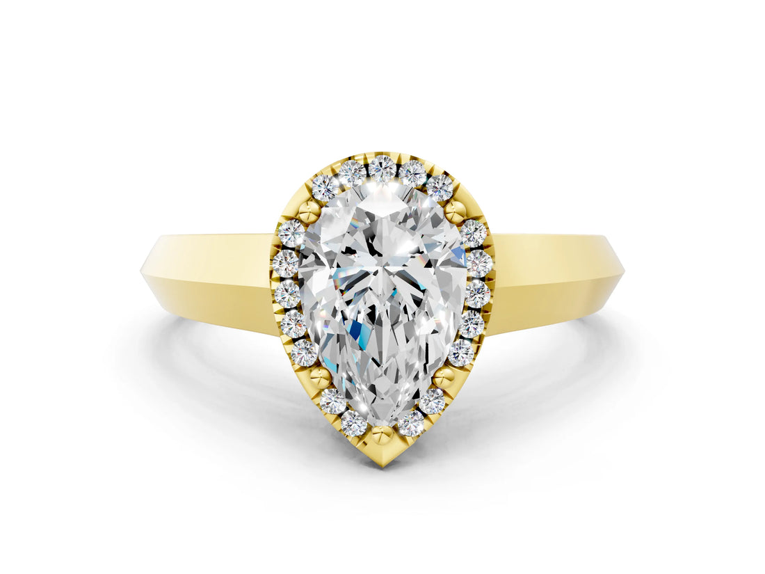Yellow gold Pear Halo Diamond Ring with Cathedral Band and Four-Prong Setting_62