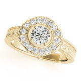 Yellow gold Pear Halo Diamond Ring with Milgrain Bezel and Prong Setting