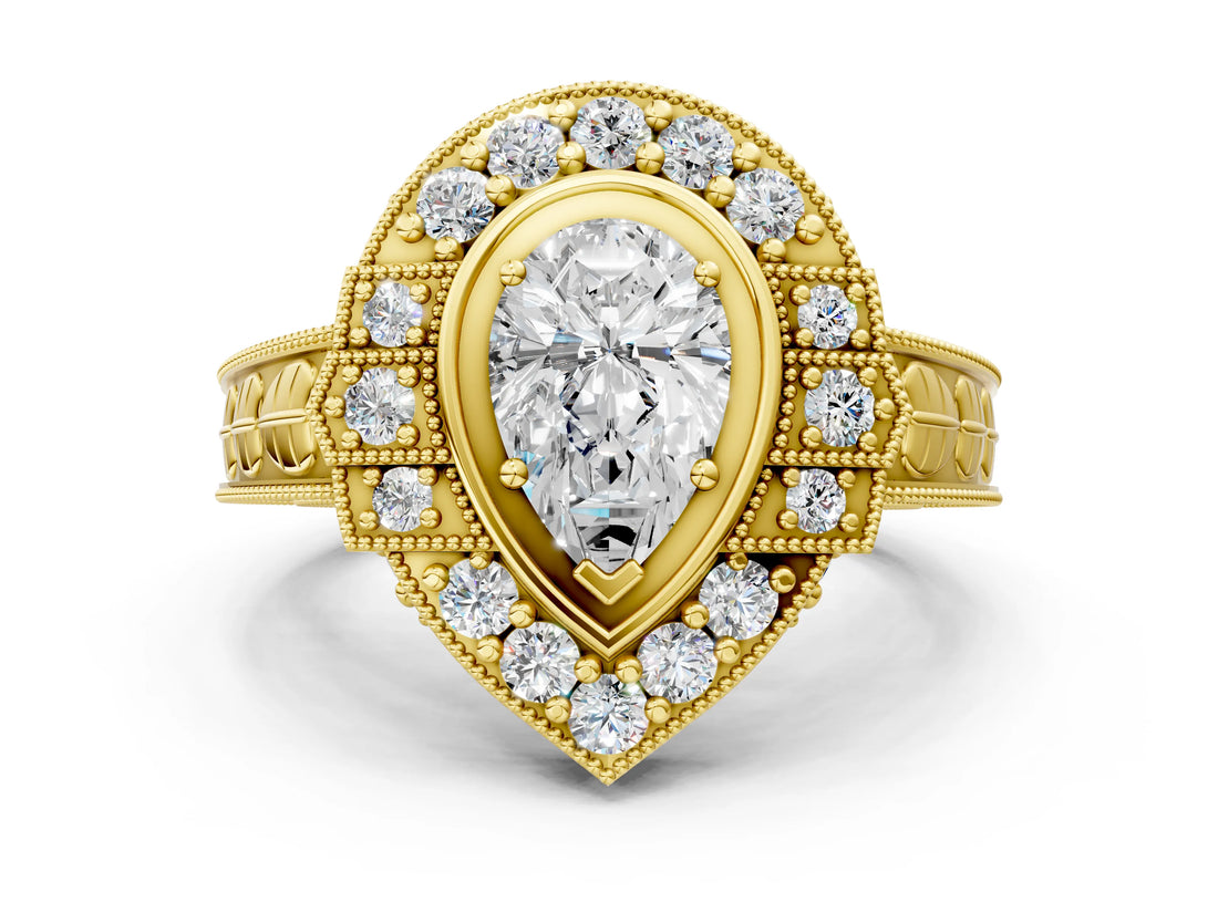 Yellow gold Pear Halo Diamond Ring with Milgrain Bezel and Prong Setting_6