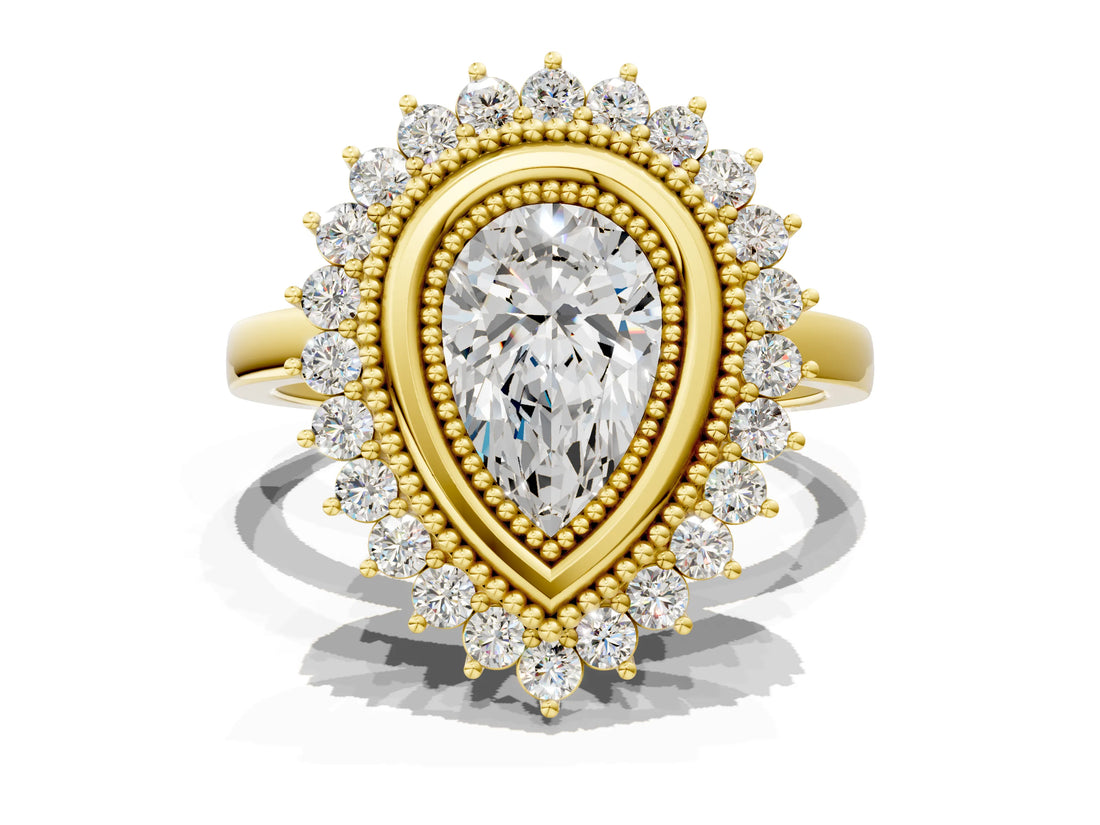Yellow gold Pear Halo Diamond Ring with Milgrain Edge and Round Prong Setting_26