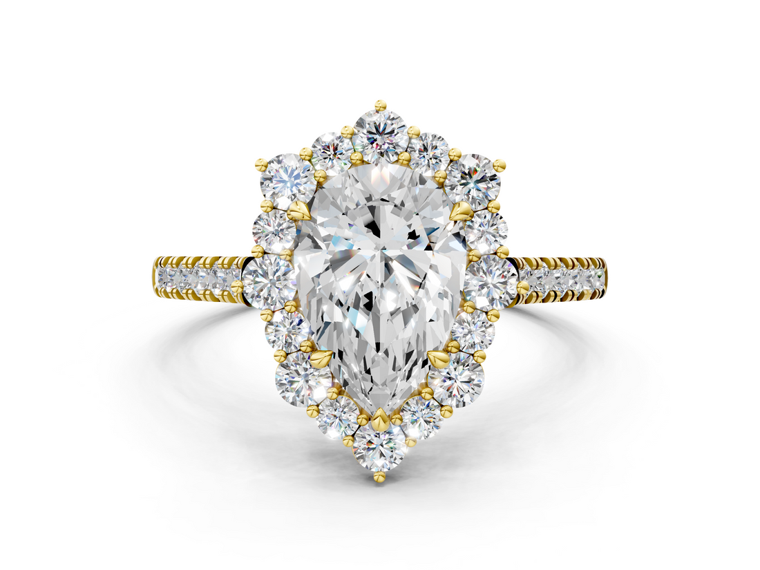 Yellow gold Pear Halo Diamond Ring with Pavé Band and Prong Setting_18